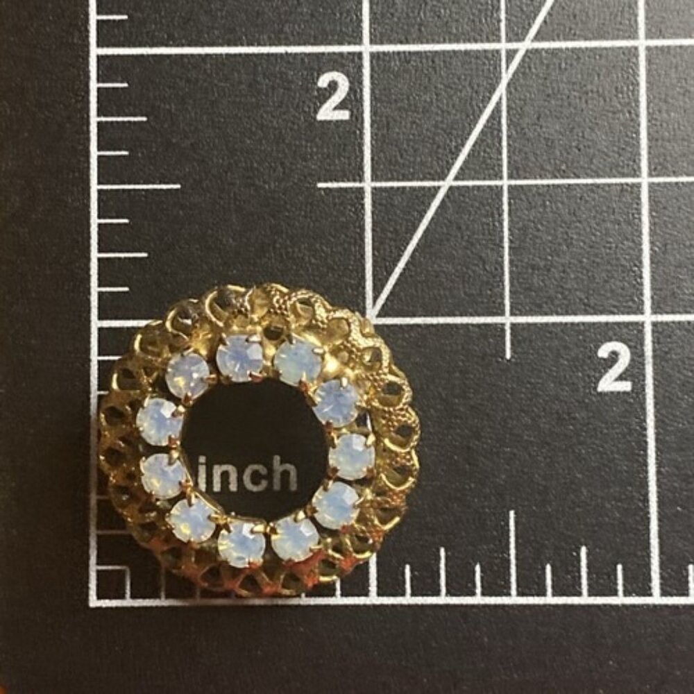 Vintage Brooch Pin Opaline Glass Circle Yellow Gold Plated Rhinestone Art Deco - Picture 3 of 7